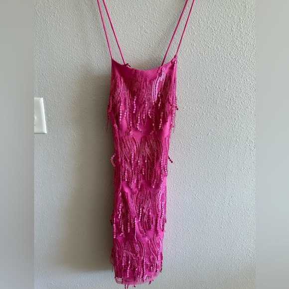 A7 - 377 Lulus hot pink lace up fringe mini dress size medium NWT - Picture 5 of 15